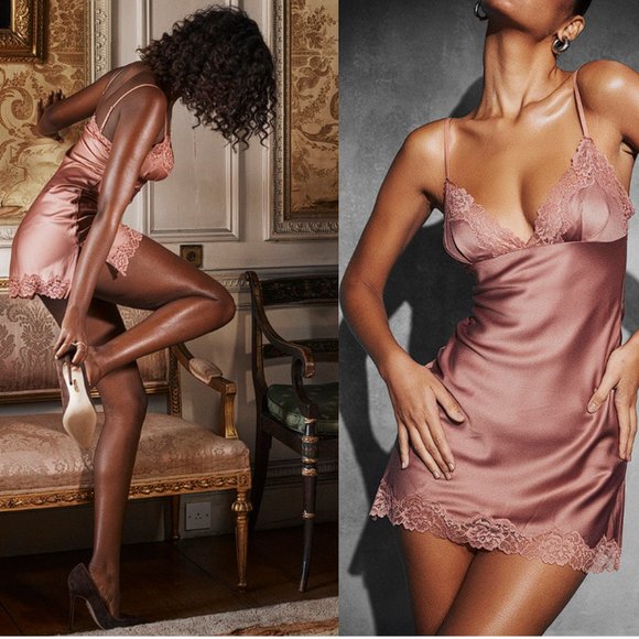 House of CB 'Nia' Rose Pink Satin + Lace Slip Dress NWOT